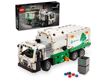 Klocki Lego Technic 42167 Śmieciarka Mack LR Electric, 503 el., ładowacz boczny, unoszony tył, skrętne koła, wiek dziecka 8+