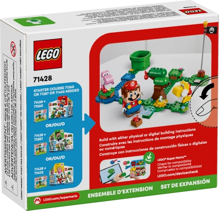 Klocki Lego Super Mario 71428 Niezwykły las Yoshiego — zestaw rozszerzający, 107 elementów, 2 figurki Różowy i żółty Yoshi, klocki oryginalne, dla sześciolatków
