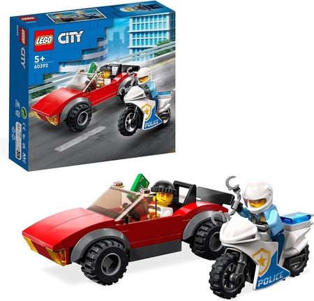 Klocki Lego City 60392 Motocykl policyjny – pościg za samochodem, 59 elementów, kabriolet, motocykl i 2 mini figurki, klocki dla dzieci w wieku 5 lat+