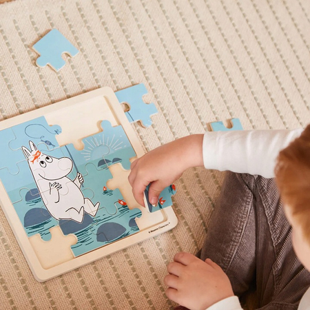 Muminki, Drewniane puzzle w ramce, Na ryby, 16 elementów, idealne dla malucha 18m+