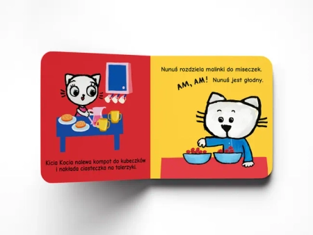 Kicia Kocia, Książeczka całokartonowa : Kicia Kocia i Nunuś. W kuchni ; aut. Anita Głowińska, twarda oprawa i kartki, dla dzieci w wieku 1-3 lata