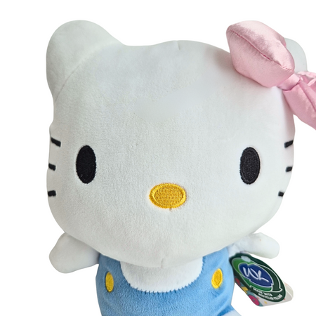 Hello Kitty, Maskotka pluszowa Kitty w niebieskim ubranku i z różową wstążką, 25 cm, wysokiej jakości plusz, bardzo mila w dotyku, oryginalna