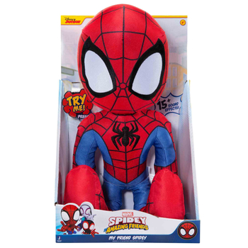 Disney Junior, Spiderman Spidey, maskotka z dźwiękami, wys. 38 cm, 15 fraz i efektów dźwiękowych w j. angielskim, wymienne baterie,