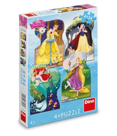 Księżniczki Disneya, Puzzle konturowe 4 w 1, 4 x 54 el. obrazki o wymiarach 13 x 19 cm, wiek dziecka 4+