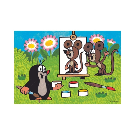 Krecik i Przyjaciele, Klasyczne puzzle Krecik maluje portret Myszki, 24 el. oryginalne, obrazek o wymiarach 26x18 cm, wiek dziecka 4+