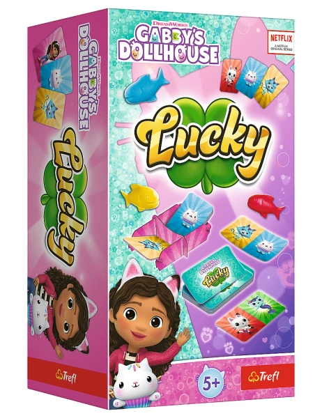 Koci Domek Gabi, Gabby's Dollhouse, Gra na spostrzegawczość Lucky, rozrywka dla całej rodziny, od 2 do 4 graczy, czas rozgrywki ok. 20 minut, wiek dziecka 5 lat+