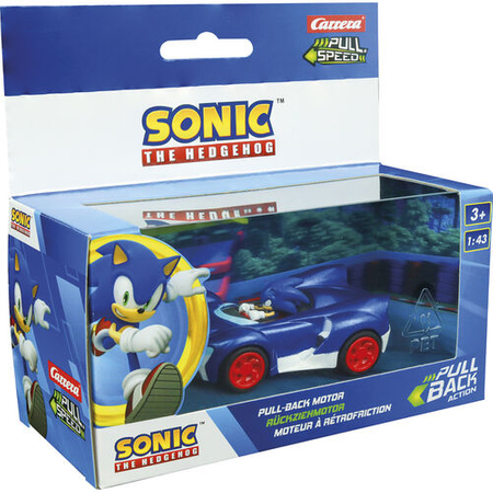 Sonic The Hedgehog Carrera, autko niebieskie, główny bohater, pull-back, w skali 1:43, dla dzieci 3+