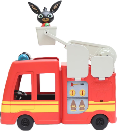 Królik Bing, Duży samochód strażacki z figurką Binga, efekty świetlne i dźwiękowe, zabawka idealna dla fanów bajki, pojazd oryginalny, na licencji, wiek dziecka 18m+