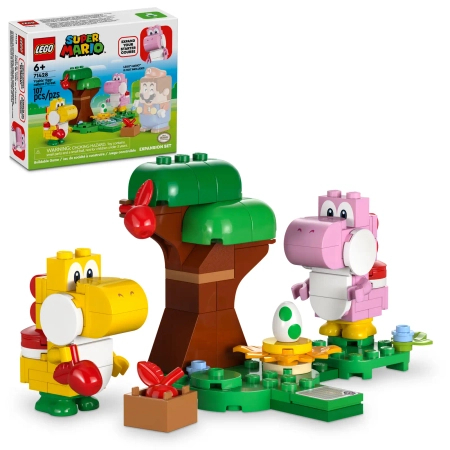 Klocki Lego Super Mario 71428 Niezwykły las Yoshiego — zestaw rozszerzający, 107 elementów, 2 figurki Różowy i żółty Yoshi, klocki oryginalne, dla sześciolatków