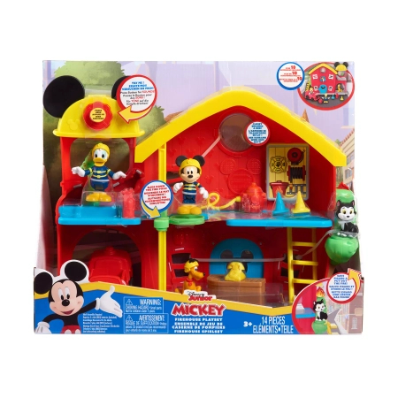 Disney Junior, Myszka Miki, Remiza strażacka z dźwiękami, 4 figurki: Miki, Kaczor Donald, Pluto i kotek, duża zestaw, oryginalna licencyjna zabawka, wiek dziecka 3+