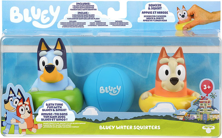 Bluey, Zabawka do kąpieli, 2 figurki Bluey i Bingo i piłeczka, Squeeze and Squirt