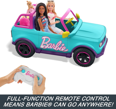 Barbie, Hot Wheels RC, Zdalnie sterowany samochód Barbie, mieści 2 lalki, zasięg do 30 metrów