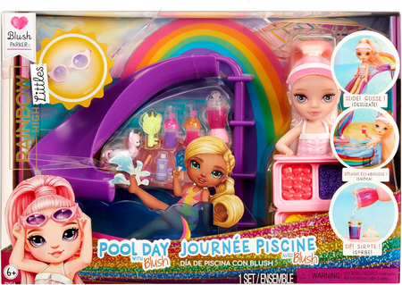Rainbow High Littles, Laleczka Blush z basenem i zjeżdżalnią, zestaw do zabawy
