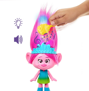 DreamWorks, Trolle 3, Interaktywna lalka królewna Poppy Tęczowe Włosy Hairtunes, 29 cm, efekty świetlne, dźwiękowe, wiek 3+