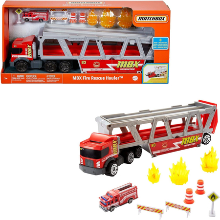 Matchbox, Zestaw Ciężarówka transporter i pojazd samochód strażacki z akcesoriami