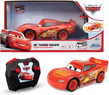 Disney Pixar Cars Auta, samochód zdalnie sterowany Zygzak McQueen z funkcją turbo, oficjalny licencjonowany pojazd i 2-kanałowy pilot, funkcja ładowania USB, skala 1:24, 17 cm, dla dzieci od 4 lat