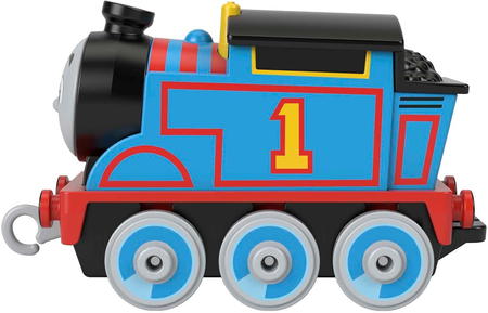 Tomek i Przyjaciele, Lokomotywa Tomek, niebieska, główny bohater bajki, zabawka oryginalna, renomowany producent Fisher Price, metalowa z plastikowymi kółeczkami, wiek dziecka 3+