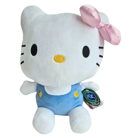 Hello Kitty, Maskotka pluszowa Kitty w niebieskim ubranku i z różową wstążką, 25 cm, wysokiej jakości plusz, bardzo mila w dotyku, oryginalna