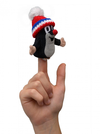 Krecik, Maskotka pluszowa pacynka na palec Krecik w trójkolorowej czapce, 10 cm, wykonany w Czechach, wiek dziecka 0+