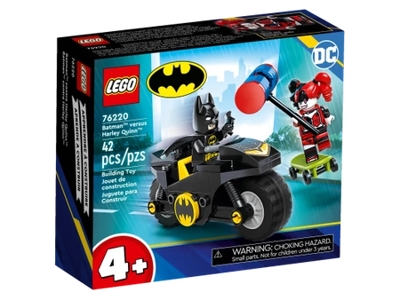 Klocki LEGO DC 76220 Batman kontra Harley Quinn, 2 mini figurki z pojazdem Batmotor i deskorolką, zestaw klocków dla młodszych dzieci w wieku 4+, 42 klocki