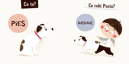 Nasza Księgarnia, Książeczka Co robi Pucio, całokartonowa, poręczny format, 28 stron, dla najmłodszych dzieci 2+