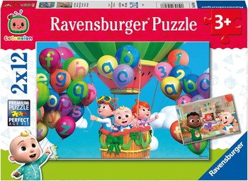 Cocomelon, Puzzle dla małych dzieci 2 x 12 el., 2 obrazki w jednym pudełku, wymiary obrazka 26 x 18 cm, producent Ravensburger, wiek dziecka 3+