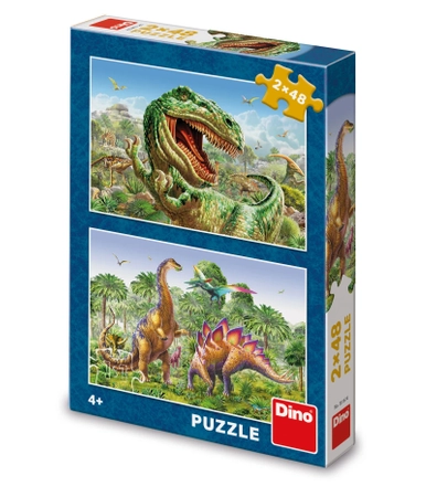 Dinozaury, Puzzle 2-w-1, Walki dinozaurów, 2 x 48 el., dwie układanki w jednym pudełku, wiek dziecka 4+