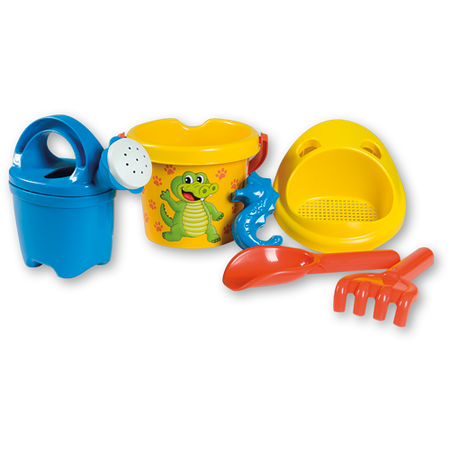 Androni, Zabawki do piasku Krokodyl 47, zabawki na plażę - wiaderko, sitko, łopatka, grabki, konewka, foremka