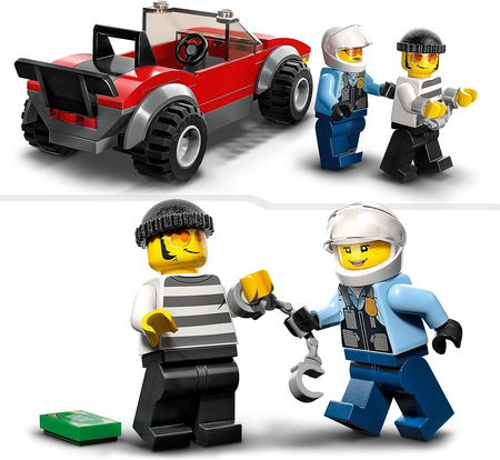 Klocki Lego City 60392 Motocykl policyjny – pościg za samochodem, 59 elementów, kabriolet, motocykl i 2 mini figurki, klocki dla dzieci w wieku 5 lat+