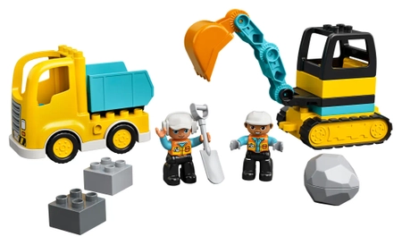 Klocki Lego Duplo 10931 Ciężarówka i koparka gąsienicowa, 2 pojazdy i 2 figurki, duże klocki dopasowane do małych rączek, super pomysł na prezent dla chłopca w wieku już od 2 lata+