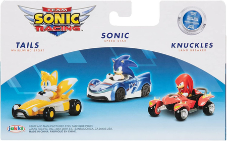 Sonic The Hedgehog, 3 pojazdy z gry i filmu Sonic, Tails i Knuckles, oryginalne samochodziki, na licencji, skala 1:64, wykonane z metalu, idealne na prezent dla fanów