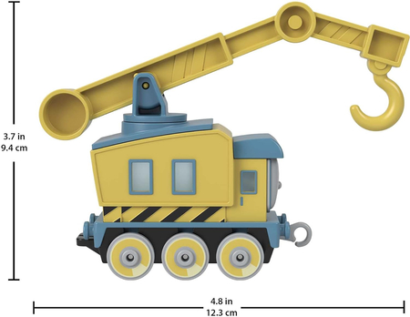 Tomek i Przyjaciele, Lokomotywa Dźwig Karolcia, żółto-niebieski, jeden z bohaterów bajki, zabawka oryginalna, renomowany producent Fisher Price, metalowy korpus z plastikowymi kółeczkami, wiek dziecka 3+