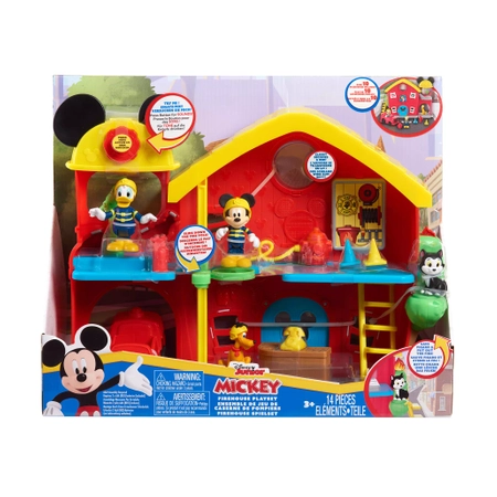 Disney Junior, Myszka Miki, Remiza strażacka z dźwiękami, 4 figurki: Miki, Kaczor Donald, Pluto i kotek, duża zestaw, oryginalna licencyjna zabawka, wiek dziecka 3+