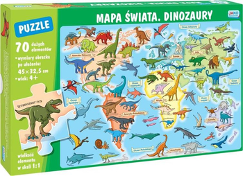 Puzzle dla dzieci, Mapa świata - Dinozaury, 70 dużych elementów