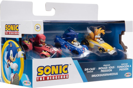 Sonic The Hedgehog, 3 pojazdy z gry i filmu Sonic, Tails i Knuckles, oryginalne samochodziki, na licencji, skala 1:64, wykonane z metalu, idealne na prezent dla fanów