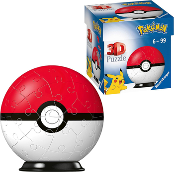 Pokemon, Puzzle 3D Pokeball, dla fanów Pokemonów, 55 elementów, producent Ravensburger, wiek dziecka 6+