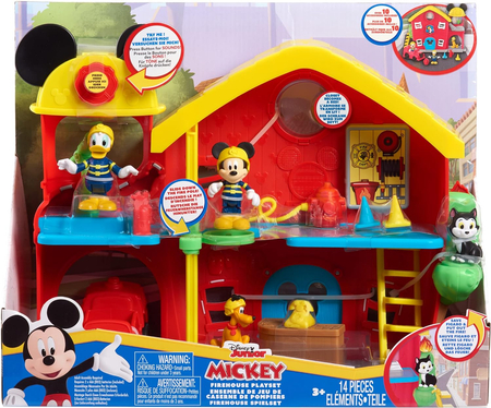 Disney Junior, Myszka Miki, Remiza strażacka z dźwiękami, 4 figurki: Miki, Kaczor Donald, Pluto i kotek, duża zestaw, oryginalna licencyjna zabawka, wiek dziecka 3+