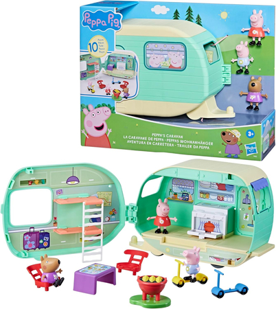 Hasbro, Świnka Peppa, Oryginalna zabawka Przyczepa kempingowa, 3 figurki, liczne akcesoria
