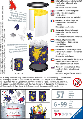 Ravensburger, Pokemon, Puzzle przestrzenne 3D Pikachu 54 el. Przybornik na ołówki i długopisy, Organizer z puzzli na biurko dla dzieci