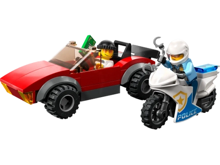 Klocki Lego City 60392 Motocykl policyjny – pościg za samochodem, 59 elementów, kabriolet, motocykl i 2 mini figurki, klocki dla dzieci w wieku 5 lat+