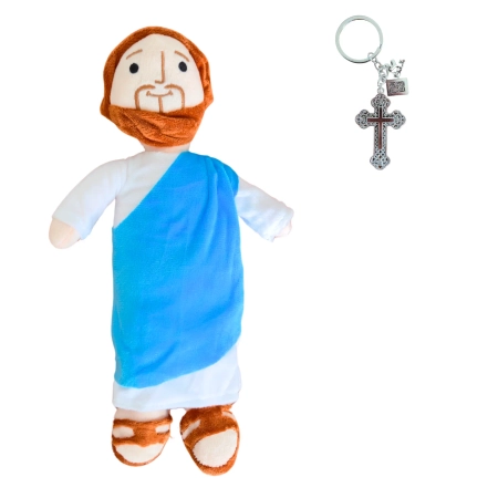 Pluszowa maskotka Jezus 32 cm z breloczkiem krzyżyk i medaliki – prezent religijny
