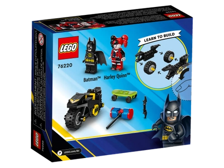 Klocki LEGO DC 76220 Batman kontra Harley Quinn, 2 mini figurki z pojazdem Batmotor i deskorolką, zestaw klocków dla młodszych dzieci w wieku 4+, 42 klocki