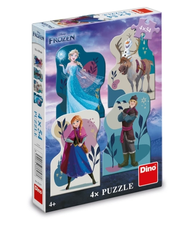 Disney Frozen, Kraina Lodu Puzzle konturowe 4 w 1, 4 x 54 el., wymiary obrazka 13 x 19 cm, najważniejsi bohaterowie Elsa, Anna Kristoff i Olaf, wiek dziecka 4+