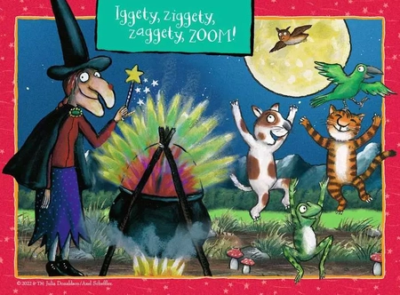 Miejsce na miotle, Room on the broom, puzzle z czarownicą i bohaterami bajki, 4 w 1, 4 układanki, wymiary obrazka 19 x 14cm, 12-16-20-24 el. dla dzieci 3+ 