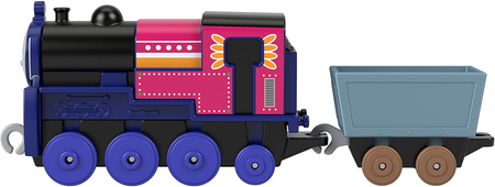 Tomek i Przyjaciele, Lokomotywa Ashima z wagonikiem, zestaw z bajki, jedna z bohaterek, zabawka oryginalna, renomowany producent Fisher Price, metalowa z plastikowymi kółeczkami, wiek dziecka 3+