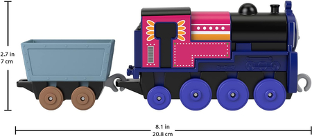 Tomek i Przyjaciele, Lokomotywa Ashima z wagonikiem, zestaw z bajki, jedna z bohaterek, zabawka oryginalna, renomowany producent Fisher Price, metalowa z plastikowymi kółeczkami, wiek dziecka 3+