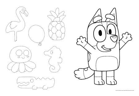 Bluey, Puzzle z Blueyem, Duża układanka 15 elementów dla dzieci w wieku 2 - 4 lata, dwustronne, wymiary obrazka 60 x 40 cm, można kolorować jedną stronę, polski producent Trefl