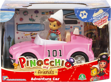 Pinokio i przyjaciele, Samochód i figurka Pinokio, kabriolet z otwieranym bagażnikiem, pojazd można okleić naklejkami, zabawka dla dzieci w wieku 3+
