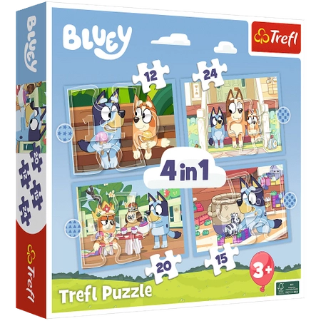 Bluey, Puzzle 4 w 1, zestaw 4 układanek dla młodszych dzieci, 12-15-20-24 el., wiek dziecka 3+, polski producent Trefl