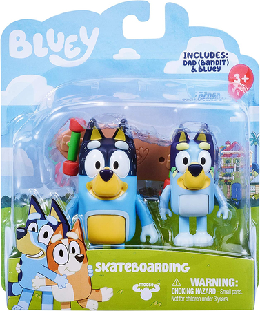 Bluey, figurki bajkowe: Blue i tata Bandit - Skateboarding, dla dzieci w wieku 3+, zabawka oryginalna, na licencji